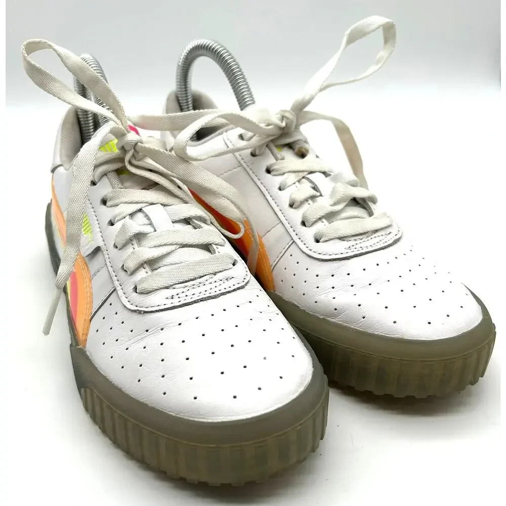 Puma Cali White Leather Neon Iced Sneaker SIZE 6.5 Rainbow Clear Sole Retro Y2K